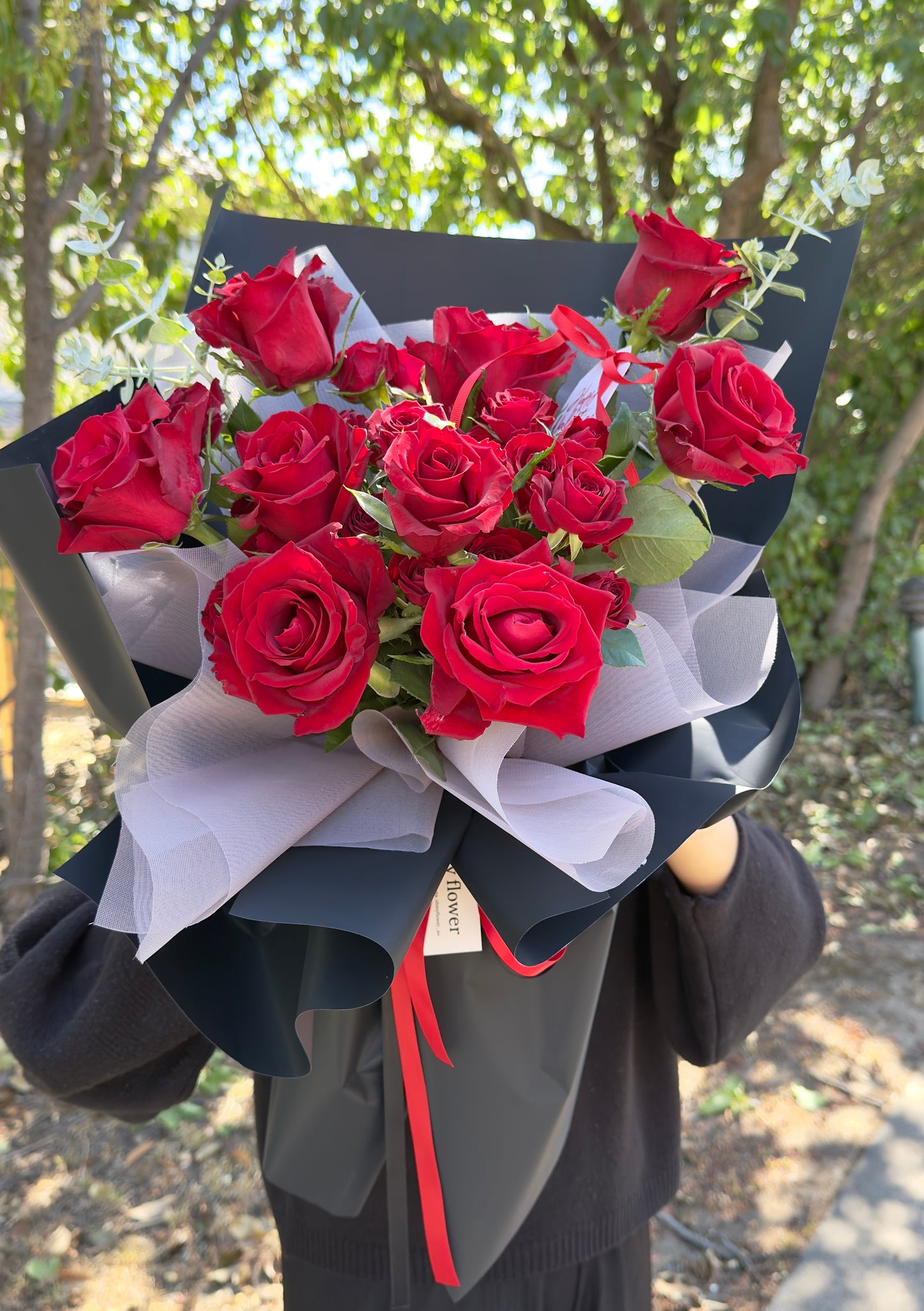 Crimson Velvet Bouquet with Black wrapping