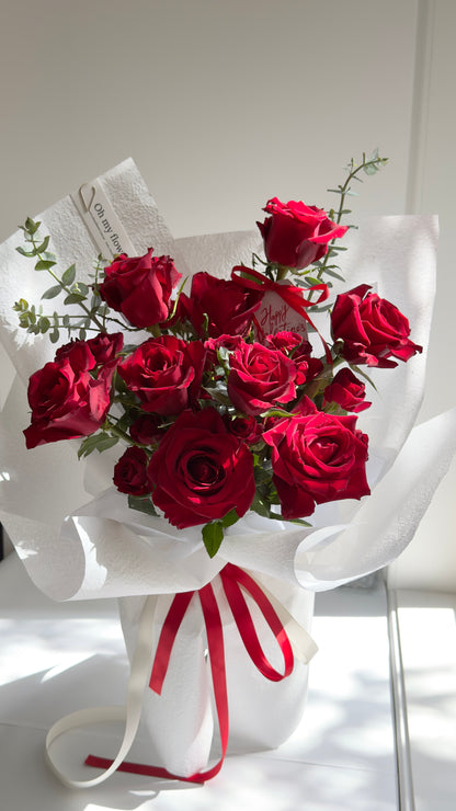 Crimson Velvet Bouquet with white wrapping